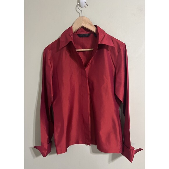 Vintage Express Silk Shirt Red Shiny Long Sleeve 90s Y2K Womens 3/4 - Picture 1 of 5